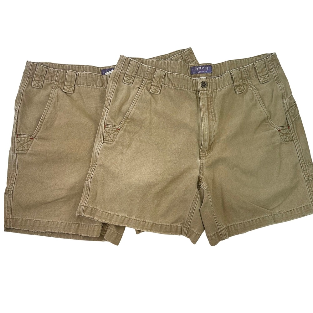 Orvis Trout Bum Shorts Khaki Tan Canvas Outdoor Utility Snap Zip Lot of 2 Men 38